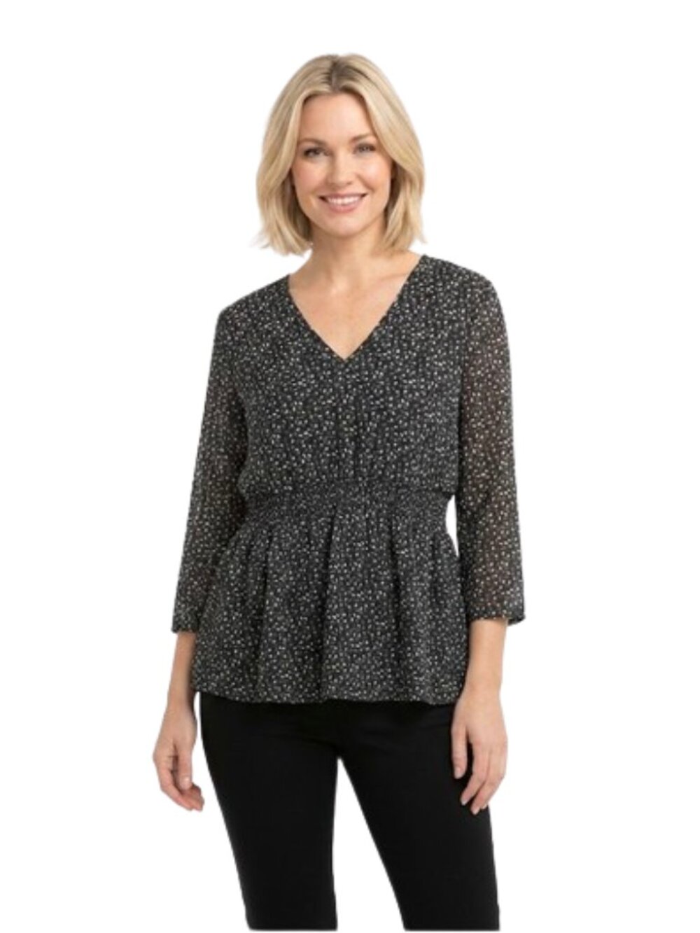 Liz Claiborne V-Neck Smocked Waist Top Black, Gray, White Dots 3/4 Sleeve, sz XL